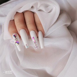 DCYFZJ Long coffins fake nails fake diamond ballerina fake nails white shiny smooth press on fake nails 24PCS fake nails