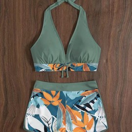 TAGNEFLOR Trajes de Baño Mujer 2 Piezas,Talle Alto Bikini Bañador para Dama,Adecuado bañadores para Playa Piscina Vacaciones (MX/US, Alfa, Mediano, Regular, Regular, Verde Oscuro/Floral Hoja)