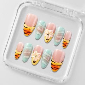 Zfans Almond Shape DreamWear Collection - 100% Handcrafted 3D Press-On Nails | Reusable, Long-Lasting, Salon-Quality Mint Bloom Eco-Friendly Nail Art Set:_Mint Bloom_s