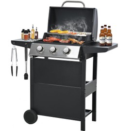 iCapeson Gas Grill, Stainless Steel 30,000 BTU Patio Garden Barbecue Grill, 3 burner propane grill with Top Cover Lid, Wheels, and 2 Side Shelves, for Outdoor Patio Garden Picnic Back