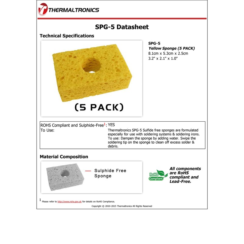 Thermaltronics SPG-5 Yellow, Soldering Sponge, (3.2" X 2.1") (5 Pack)