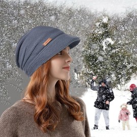 Siganorpy Women Winter Knitted Beanie Hat Stretchy Slouchy Cap with Visor Warm Fleece Lined Skull Cap for Cold Weather Brim Fleece Liner 55-60 cm (Grey)