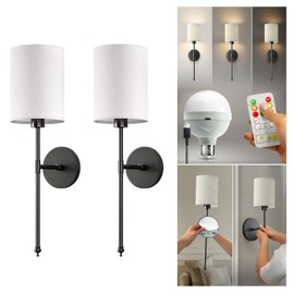 PRIDOLA Set of 2 Wireless Wall Sconces Peel & Stick with Adhesives for Easy Installation with Rechargeable LED Bulbs, Remote Controlled, Adjustable Brightness & Warmth, Vintage Wall Decor (Black)