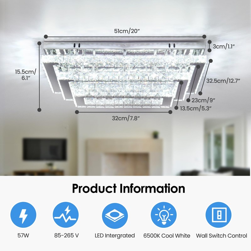 Finktonglan Modern Crystal LED Ceiling Light Fixture 20” Rectangular Flush