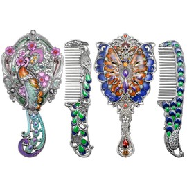 ZAVOOS 4 Piece Vintage Mirror Comb Set, Metal Antique Handheld Mirror with Comb, Decorative Embossed Peacock Butterfly, Women's Vanity Makeup Cosmetic Mirrors Portable for Travel