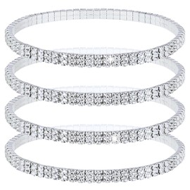 Rumnoke 4Pcs Rhinestone Ankle Bracelet for Women Crystal Stretch Foot Chain Bling Cubic Zirconia Tennis Elastic Anklets Double White