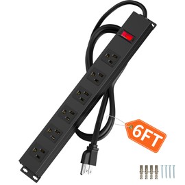6 Outlets Metal Power Strip, Wall Mount Heavy Duty Power Outlet with Switch, Aluminum Alloy House, 14AWG Power Cord, 15A 125V 1875W, Black (6 FT)