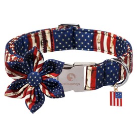 DOGWONG Ameirican Flag Dog Collar with Flower - Independence Flower Dog Collars, Adjustable Patriotic Pet Collars 4th of July Dog Collar for Small Medium Large Dogs