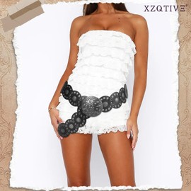 XZQTIVE Women's Western Belt with Concho Discs Adjustable Cowgirl Waist Belt Vintage Wide Disc Design for Dresses Jeans, Black(Silver Disc), S: 37.4in/95cm