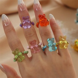 6pcs Gummy Bear Beaded Acrylic Rings Set Colorful Resin Transparent Sweet Bears Animal Rainbow Macaron Candy Color Beads Round Stackbale Ring for Women Birthday Christmas Party Fashion Jewelry Gifts (Colorful)