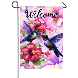 Hummingbird Garden Flag Hibiscus Flowers Spring Yard Flags for Outside 12x18 Double Sided Welcome Banner Outdoor Home Decor