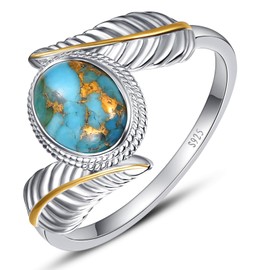 AVECON Turquoise Feather Ring 925 Sterling Silver Statement Ring Leaf Stacking Feather Ring Vintage Turquoise Ring for Women Teal Turquoise Jewelry Graduation Ring Gifts for Her Size 6-10