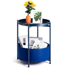 Luwesde Round Side Table, Blue End Table with Storage Basket, Metal Night Stand with Removable Tray, Small Bedside Table for Living Room, Bedroom, Nursery(Blue)