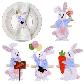 Easter Napkin Rings Set of 12 Embroidery White Bunny Rabbit Colorful Napkin Rings for Farmhouse Wedding Dinner Parties Home Table Decoration, 2.36 inch High with 1.37 inch Ring