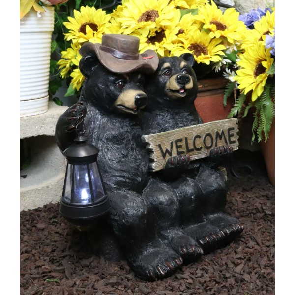 Rustic Black Bear Couple By Bench With Welcome Sign &