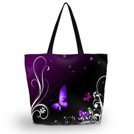 newplenty Beach Bag with Zip, Shopping Bag, Foldable, Large Waterproof Handbag, Women's Shoulder Bag, Purple butterfly