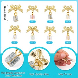 14 Pcs Bow Charms for Jewelry Making, Golden Bowknot Pendants with Lampwork Beads Bow Knot Earring Dangle Pendant for DIY Craft Bracelet Necklace Earring Keychain Supplies
