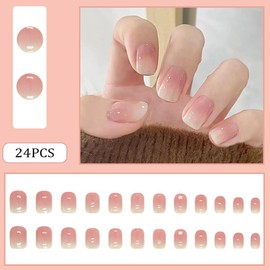 24Pcs Acrylic Press on Nails Short Square Fake Nails RUPOFUZA False Nails with Pink Ombre Press ons Designs Nails Press on Artificial Nails Stick on Nails for Women