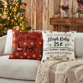 VHC Brands Sleigh Ride Pillow Cover Set of 2 16Lx16W, Decorative Christmas Throw Pillow Covers, Primitive Decor Perfect for Winter and Holiday Decorations