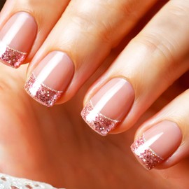 24Pcs Pink French Tips Press on Nails Curve Line Acrylic Full Cover Fake Nails Glossy Silver Glitter Short Square False Nail Sparkly Stick on Nail Shine Gel Glue on Fingernail for Holiday Manicure Art