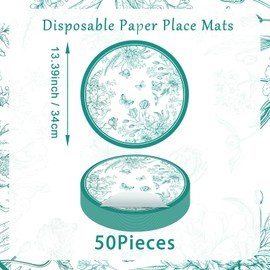 50 Pieces 13" Green Floral Butterfly Place Mats Disposable Round Paper Table Mats Chinoiserie Paper Placemat for Spring Table Setting Decorative Dining Party Supplies