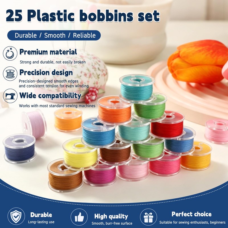 Doxiru 25 Plastic Sewing Machine Bobbins with Bobbin Case