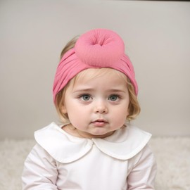 Kenjudess 3pcs Baby Girl Flower Nylon Headbands Soft Stretchy Donut Top Knot Wide Turban Hairbands Hair Bows Accessories for Newborn Infants Toddlers (Rose Red+Nude+Pink, Standard Small)