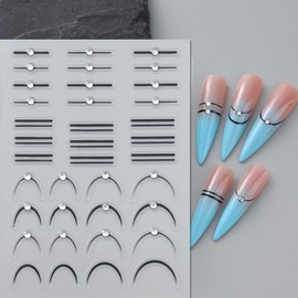 JFIYUOMCI 5D Embossed French Tip Nail Stickers with Rhinestones Crystal, French Manicure Strips - (Straight, Smile Line), Self-Adhesive Black Nail Art Stickers Decals for Women Girls - 3 Sheets