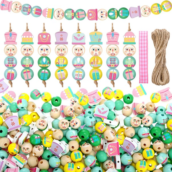 Cinnvoice 240Pcs Christmas Wood Beads with Twine Gingerbread Man Snowman