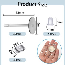 TOAOB 300 Pairs Flat Stainless Steel Earrings and 6 mm Back Support Butterfly Clasps for DIY Jewellery Kit