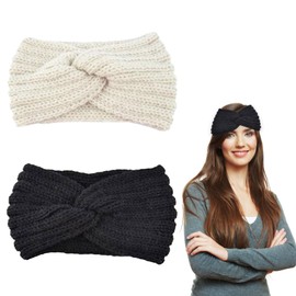 Vordpe Pack of 2 Women's Winter Knitted Headband for Women Girls, Hair Band Ear Warmers Elastic for Outdoor Sports, Skiing, Running (Black + White)