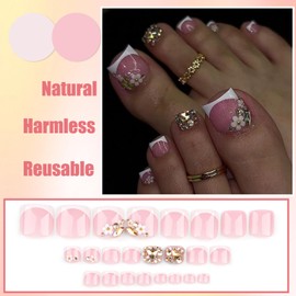 24Pcs French Tip Press on Toenails, Short Square False Toenails, Glossy Pink Shiny Gel Fake Toe Nails with Flowers & Rhinestones, Acrylic Spring Summer Seaside Beach Stick on Toenails for Women Girls