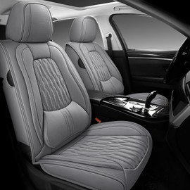 WELLDO Car Seat Covers Full Set, Leather Seat Covers for Car, Waterproof Car Seat Protector with Lumbar Support, Automotive Seat Covers Universal Fit for Most Cars SUV Truck,Gray,w02.