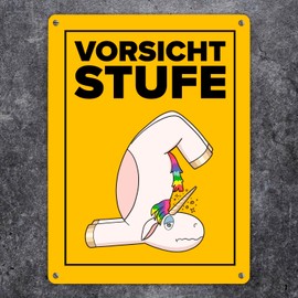 Caution Level Metal Sign XL 21 x 28 cm with Funny Unicorn Funny Tin Sign Warning of a Stage Please Do Not Trip with Unicorn Motif