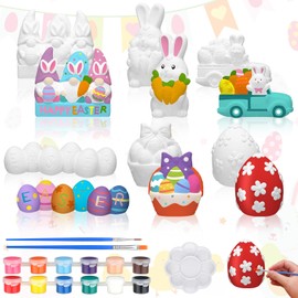 Marsui 6 Pcs Easter Ceramics to Paint Ceramic Easter Egg Bunny Ready to Paint Easter DIY Figurines Kit Unpainted Easter DIY Art and Craft with Brush Palette Paint for Adults Happy Easter Table Decor