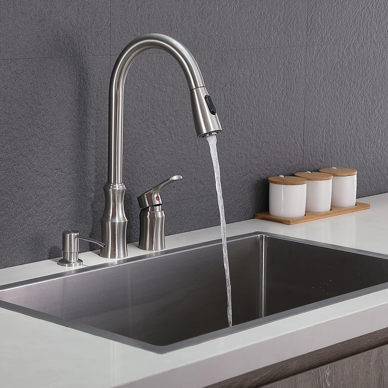 HOTIS 3 Hole Kitchen Faucet with Pull Down Sprayer, Brushed