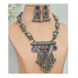 Siddhatva Designer Statement Afghani Antique Oxidised Silver Indian Party Ethnic Tassel Ghungroo Bells Tribal Gypsy Necklace Jewelry Set Women