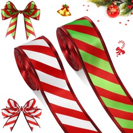 2 Rolls Ribbons for Christmas Tree Christmas Ribbon Wired Ribbon Satin Stripes Edge Ribbon for Crafts DIY Gift Wrapping Party Garden Home Garland Bows Decor (Red Green, Red White,1.5 Inch x 10 Yards)