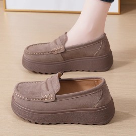 2026 Autumn Large Size Thick-Soled Rocking British Style Women's Shoes Wedge Heels Mid-Heel Height-Increasing Mother's ShoesColor: Bean Paste Color, US Size: 40