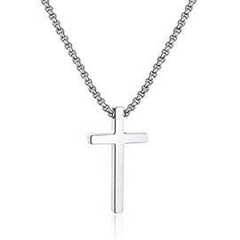 M MOOHAM Stainless Steel Cross Pendant Necklaces for Men Pendant Chain 24 Inch Silver, Fathers Day Christian Religious Baptism Gifts Jewelry for Teenage