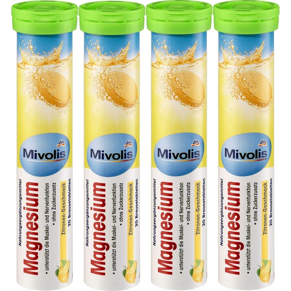 Mivolis Magnesium effervescent Tablets - Dietary Supplements 4 Packs x 20 pcs | Germany