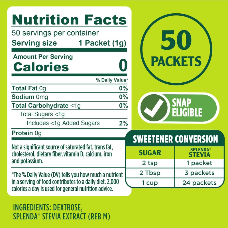 SPLENDA Stevia Zero Calorie Sweetener, Sugar Substitute Packets, 50 Count