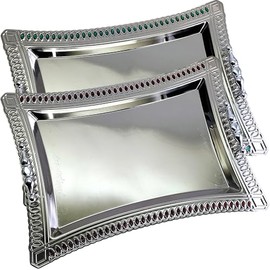 Maro Megastore (Pack of 2) 20 inch x 14.9 inch Star Shape Chrome Plated Serving Tray with Handles Floral Engraved Red and Green Beads Wedding Dessert Snack Wine Candle Platter Plate Party TTL-048-FBA