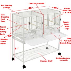 Combo Breeding Stacker Center Divided Breeder Bird Flight Double Rolling Cage Side Breeding Nest Door Feeder Doors with Water Food Cups Natural Wood Perch Easy Clean Pull Out Tray