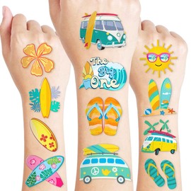 Cute Surfing Temporary Tattoos The Big One Surf Birthday Party Decorations Favors Supplies Summer 1st Themed Stickers 10 Sheets 100 PCS Gifts for Kids Girls Boys Decor Class School Carnival Christmas