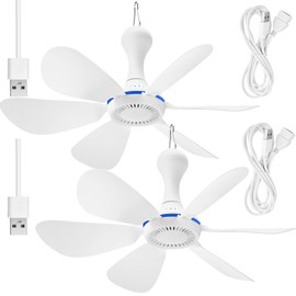 Glooglitter 2 Sets USB Hanging Ceiling Fan Portable Canopy with Remote Control Timing, 6 Blades Quiet Small DC Fan for Camping Bed Dormitory RV Tent Home Room (4.92 ft Extension Cord Without Switch)