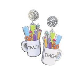 Cute Pencil Books Drawing Board Ruler Dangle Drop Earrings Teacher Student Earrings Teachers' Day Gifts Graduation Back to School Jewelry(White B)