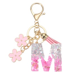 PATIKIL Alphabet Initial Letter Keychain, Resin Cute Keychains with Tassel Flowers Letter M Pendant Charm for Women Key Purse Handbag Bag Accessories, Pink