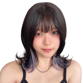 Aquadol Wg371JBKE7-X Wig, Medium, See-Through Bang, Black Hair, Brown Hair, Earring Color, Inner Color, Curl, High Tone, Full Wig, One Size Fits Most