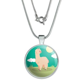 GRAPHICS & MORE Cute and Fluffy Alpaca 1" Pendant with Sterling Silver Plated Chain